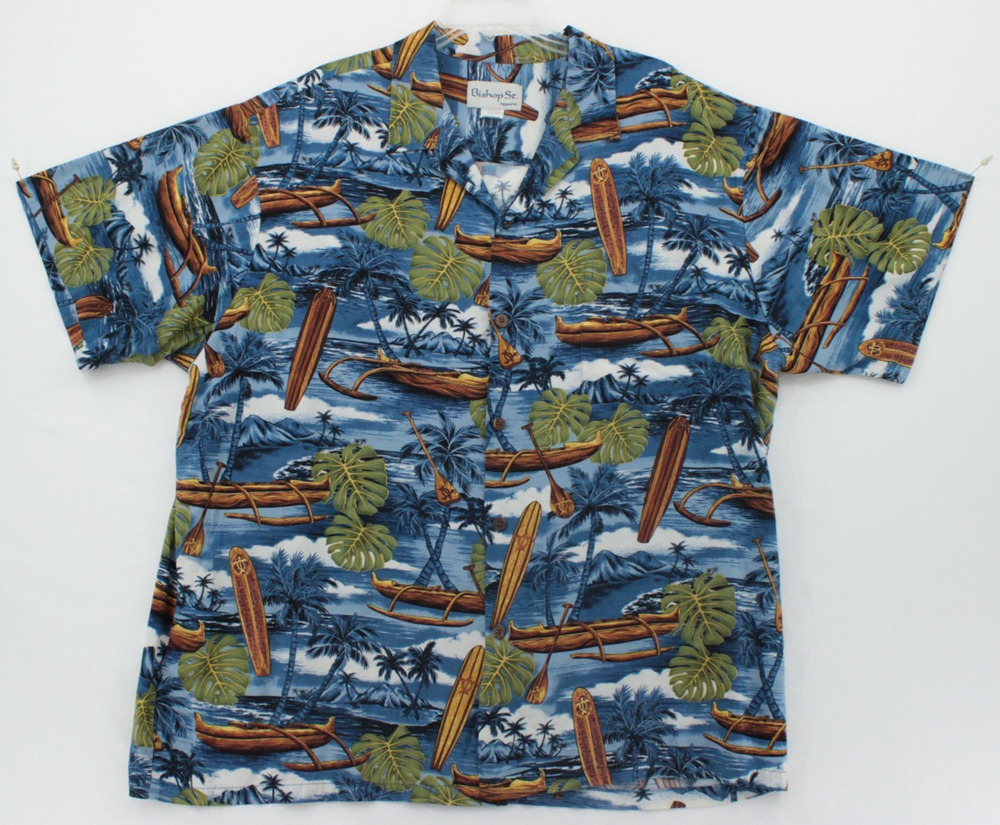 Bishop St. Hawaiian Shirt Men 2XL Blue Tropical Camp Button Up outrigger canoes